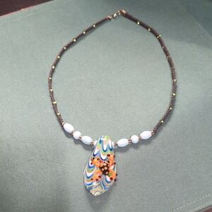 Artisan Teardrop Necklace Glass Multi Color Beads Frog Green Blue Orange White